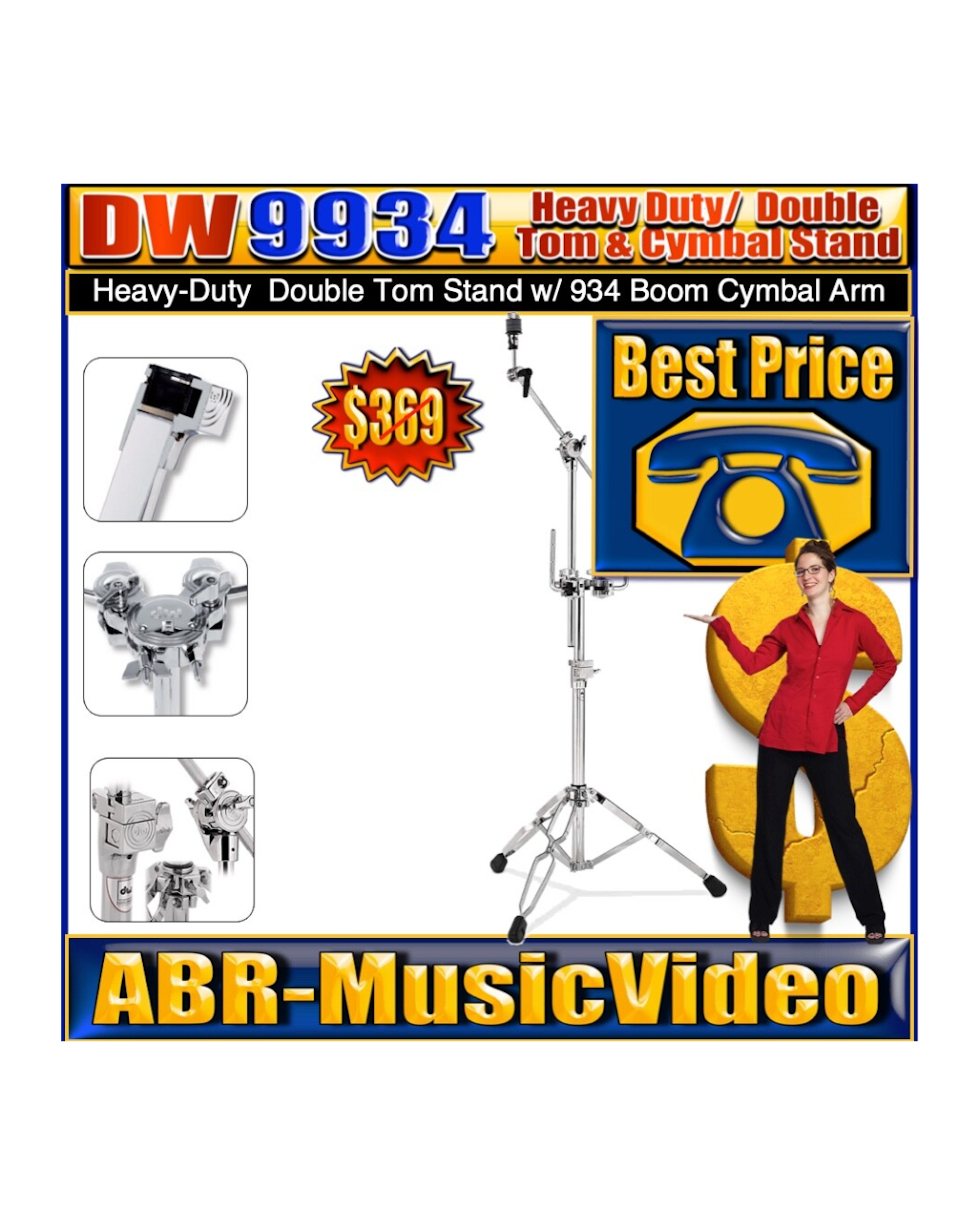 DW 9934 Double Tom Stand w/ 934 Cymbal Boom Arm (DWCP9934) 1 Year Warranty
