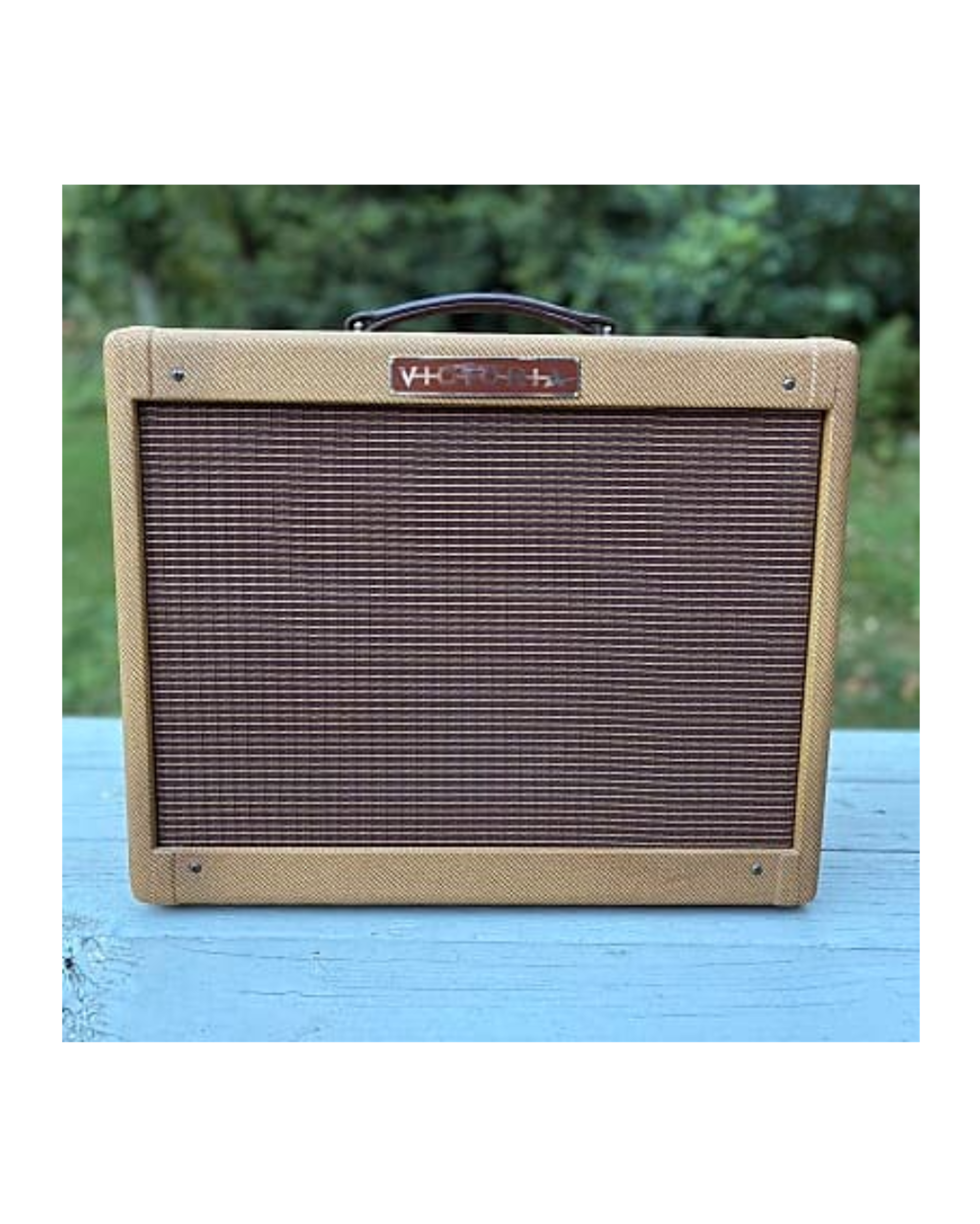 New Victoria Royal-Dark Nitro Lacquered Tweed-Oxblood & Gold Stripe Grill Cloth-Custom Order In stock-5 watts 6v6 (or 15 watts using 6l6) 1x10 or 1x12 with tone control-5F1 Champ style amp in a 5E3 Deluxe sized cabinet-Also Available in Head only option